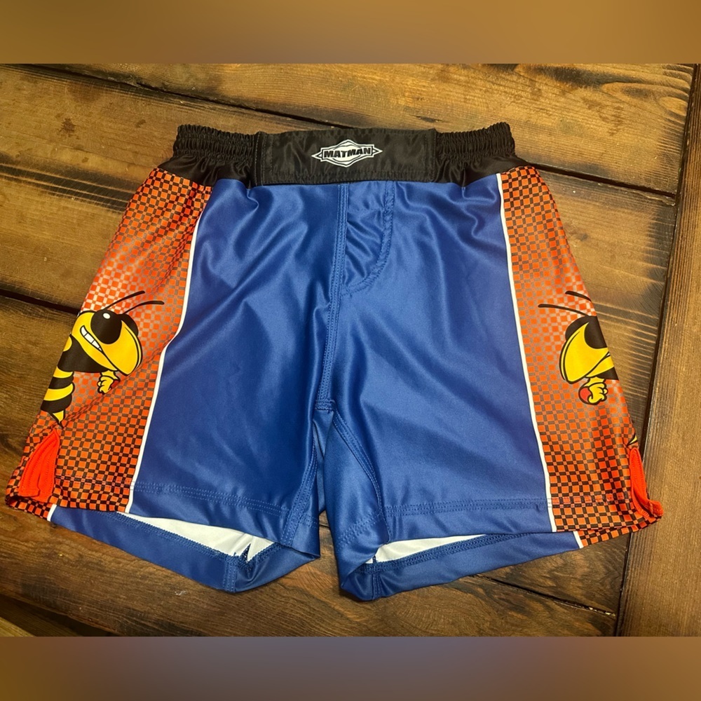MatMan wrestling/jujitsu shorts. Red, blue, hornets, size 2xs with drawstring